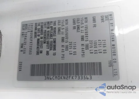 2015 Nissan Nv200 S from USA, damaged, VIN 3N6CM0KN2FK733563